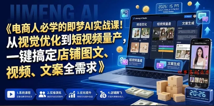 电商人必学的即梦AI实战课！从视觉优化到短视频量产，一键搞定店铺图文、视频、文案全需求-难事易副业库