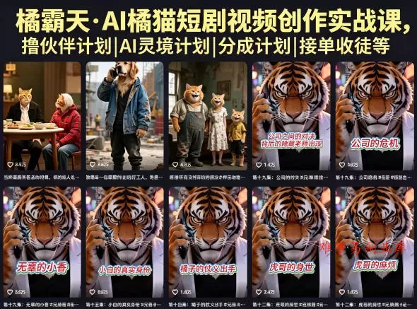 橘霸天·AI橘猫短剧视频创作实战课，撸伙伴计划|AI灵境计划|分成计划|接单收徒等-难事易副业库
