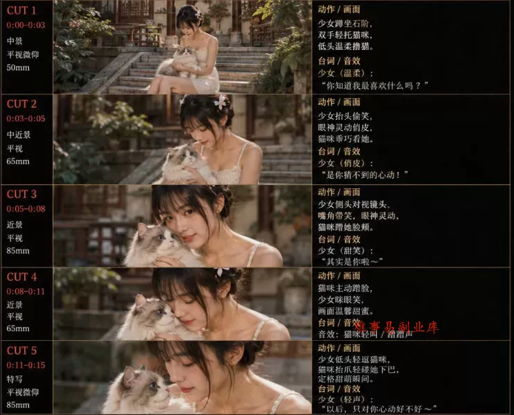 美女和猫故事提示词，人物一致性提示词+故事板