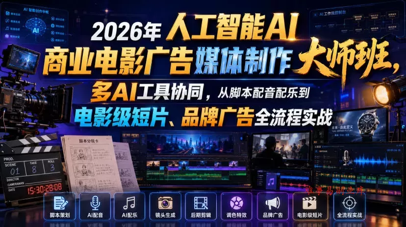 2026年人工智能AI商业电影广告媒体制作大师班，多AI工具协同，从脚本配音配乐到电影级短片、品牌广告全流程实战（中英字幕）-难事易副业库