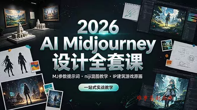 2026 AI Midjourney设计全套课，MJ参数提示词niji混图教学，IP建筑游戏原画一站式实战教学-难事易副业库