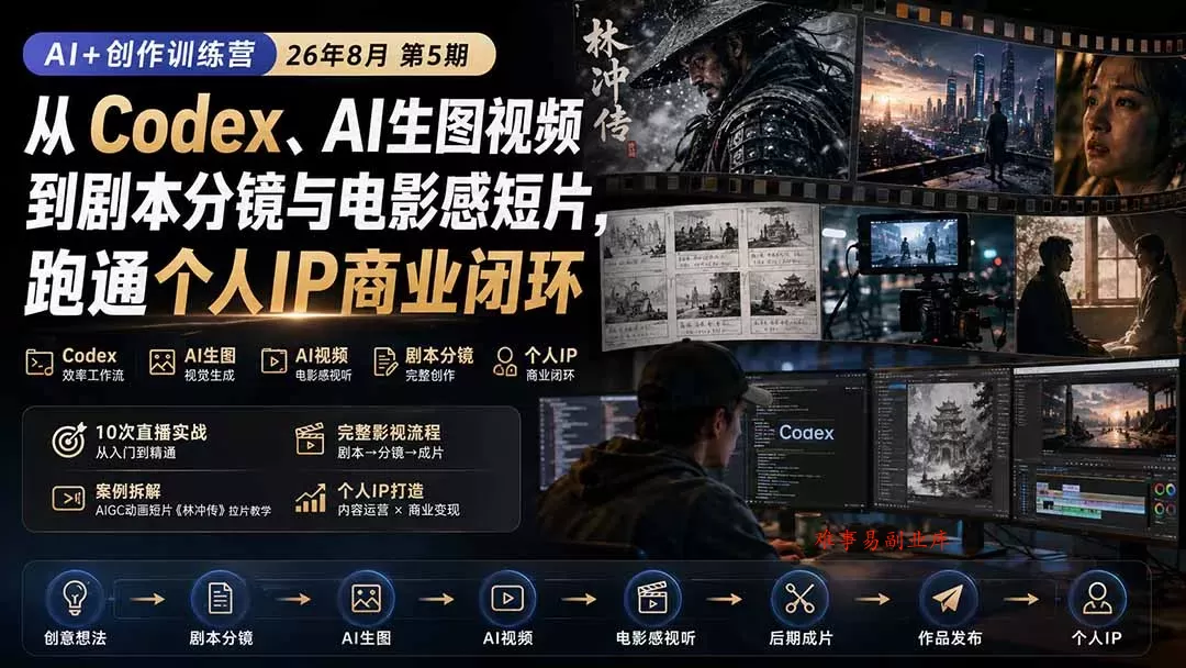 AI+创作训练营26年第5期-更新：从Codex、AI生图视频到剧本分镜与电影感短片，跑通个人IP商业闭环-难事易副业库