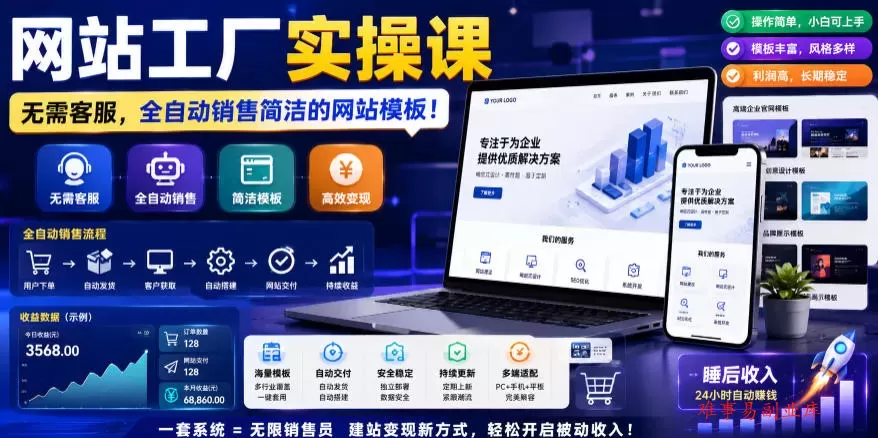 网站工厂实操课，无需客服，网站模板自动赚钱！【原创双语字幕】-难事易副业库