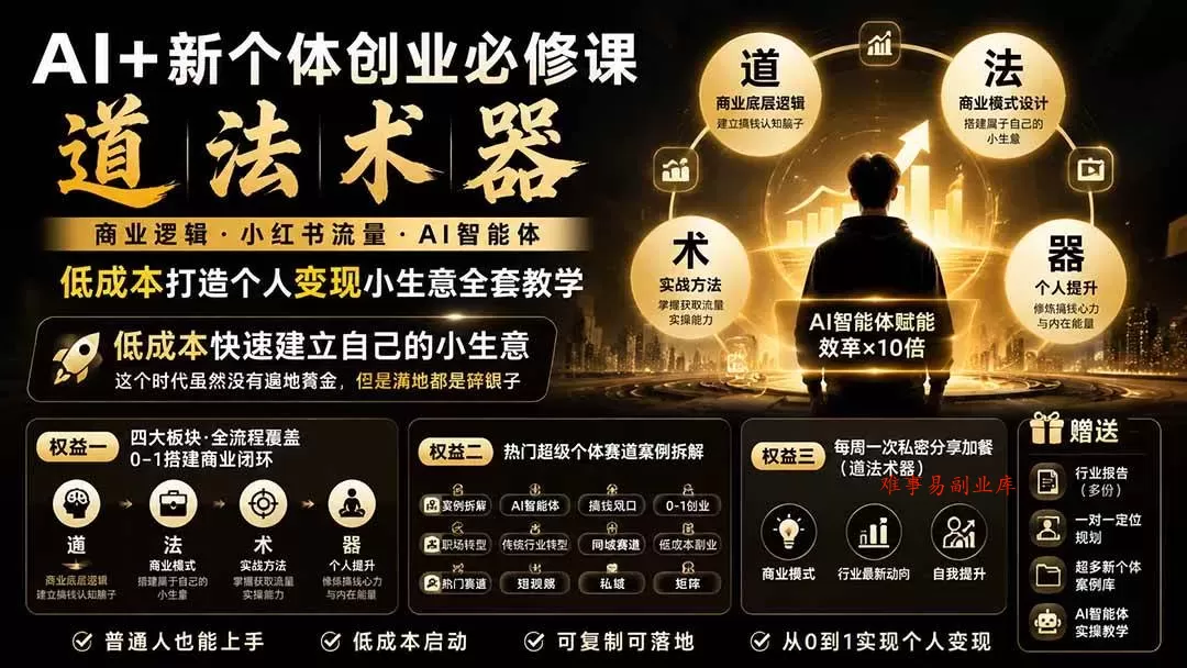 （19738期）AI+新个体创业必修课｜道法术器｜商业逻辑·小红书流量·AI智能体｜低成本打造个人变现小生意全套教学-难事易副业库