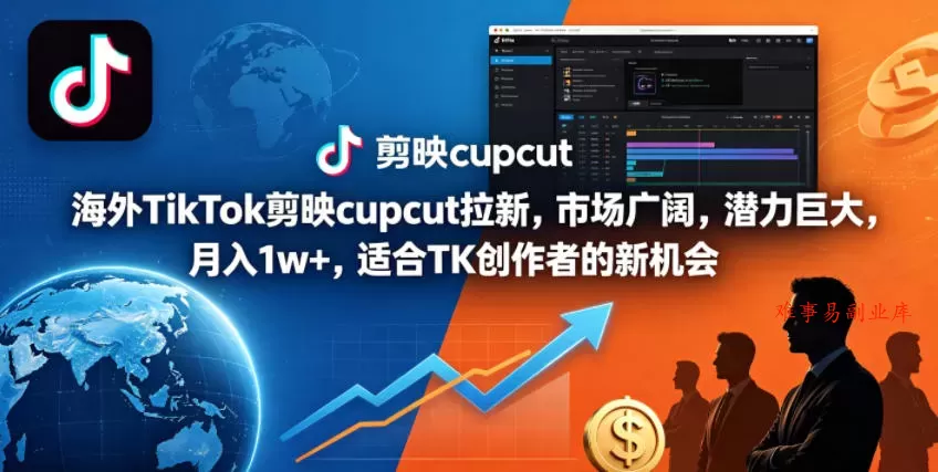 海外TikTok剪映cupcut拉新，市场广阔，潜力巨大，月入1w+，适合TK创作者的新机会-难事易副业库
