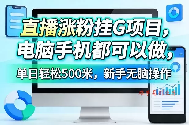 直播涨粉挂G项目，电脑手机都可以做，单日轻松500米，新手无脑操作【揭秘】-难事易副业库