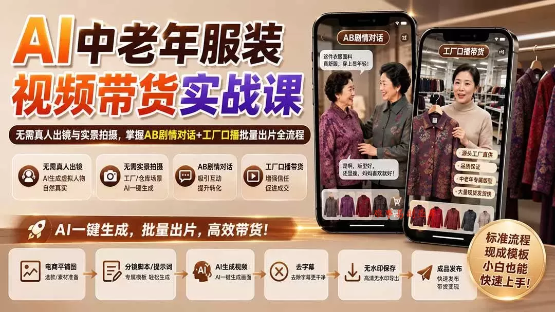 （20198期）AI中老年服装视频带货实战课：无需真人出镜与实景拍摄，掌握AB剧情对话+工厂口播批量出片全流程-难事易副业库