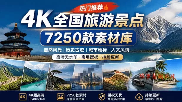 热门全国旅游风景素材！4K全国旅游景点素材库，7250款素材，旅行达人城市航拍风景风光高清短视频-难事易副业库