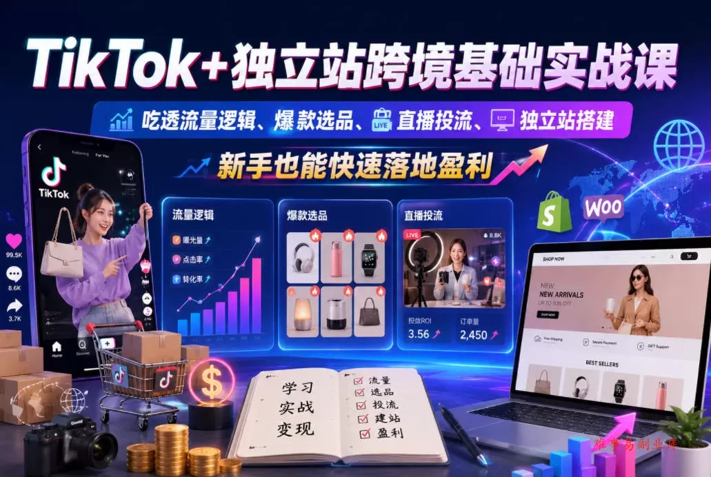 TikTok+独立站跨境基础实战课，吃透流量逻辑、爆款选品、直播投流与独立站搭建，新手也能快速落地盈利-难事易副业库