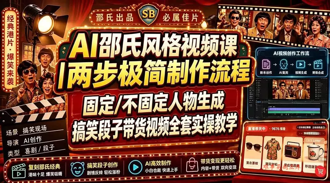 （19602期）AI邵氏风格视频课｜两步极简制作流程，固定/不固定人物生成，搞笑段子带货视频全套实操教学-难事易副业库