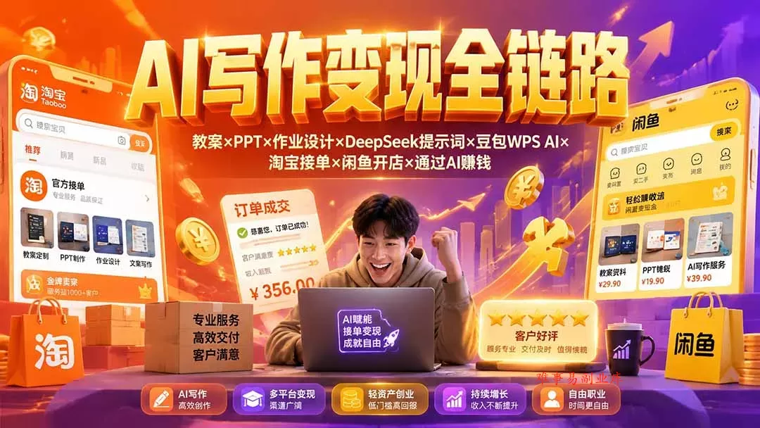 2026AI写作变现全链路：教案×PPT×作业设计×DeepSeek提示词×豆包WPS AI×淘宝接单×闲鱼开店×通过AI賺钱-难事易副业库