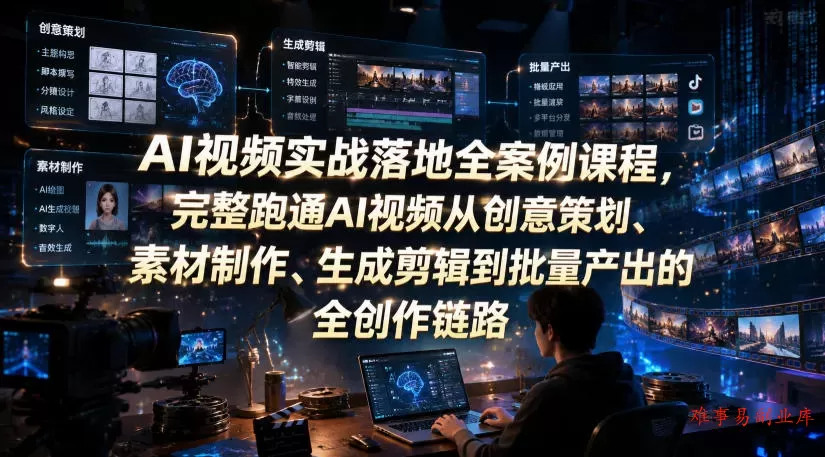 AI视频实战落地全案例课程，完整跑通AI视频从创意策划、素材制作、生成剪辑到批量产出的全创作链路-难事易副业库