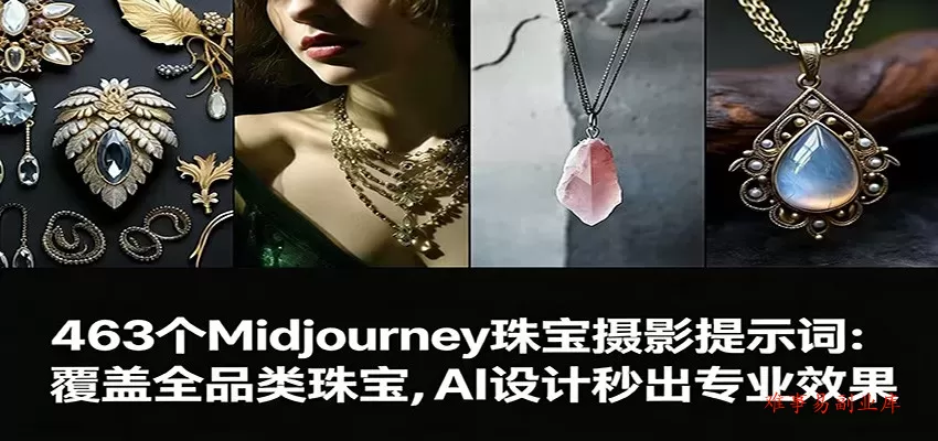 463个Midjourney珠宝摄影提示词：覆盖全品类珠宝，AI设计秒出专业效果-难事易副业库