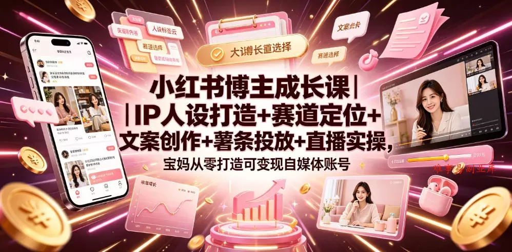 小红书博主成长课｜IP人设打造+赛道定位+文案创作+薯条投放+直播实操，宝妈从零打造可变现自媒体账号-难事易副业库