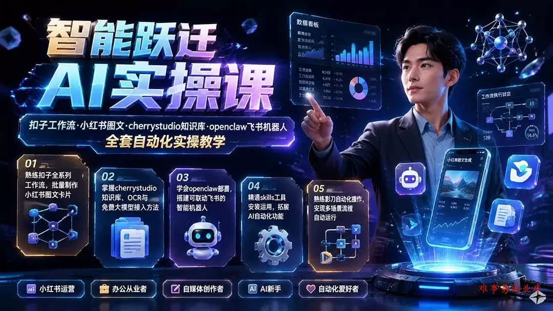 （19653期）智能跃迁 AI实操课｜扣子工作流小红书图文搭建，cherrystudio知识库openclaw飞书机器人全套自动化实操教学-难事易副业库
