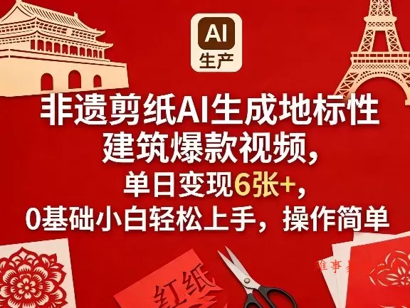 非遗剪纸AI生成地标性建筑爆款视频，单日变现6张+，0基础小白轻松上手，操作简单-难事易副业库