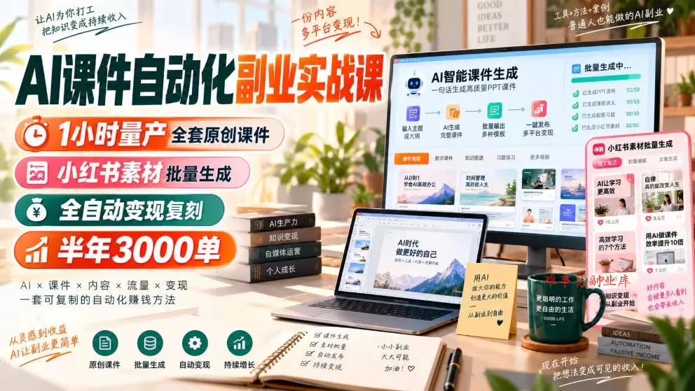 AI课件自动化副业实战课，1小时量产全套原创课件，小红书素材批量生成，全自动变现复刻，半年3000单-难事易副业库