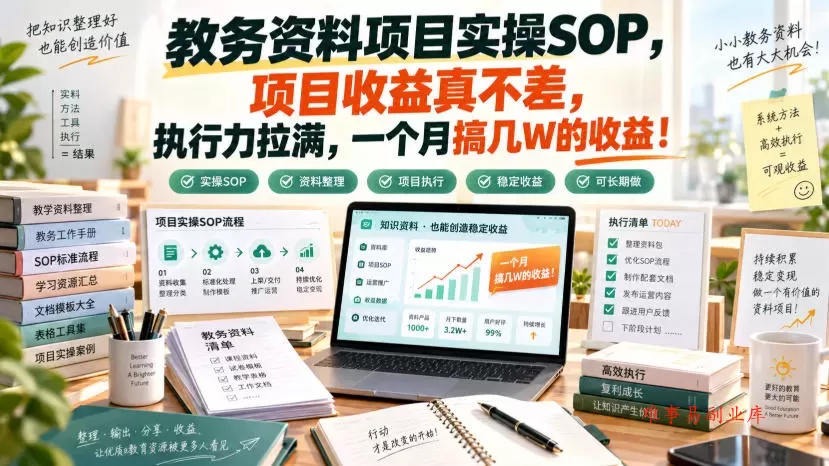 教务资料项目实操SOP，项目收益真不差，执行力拉满，一个月搞几W的收益-难事易副业库