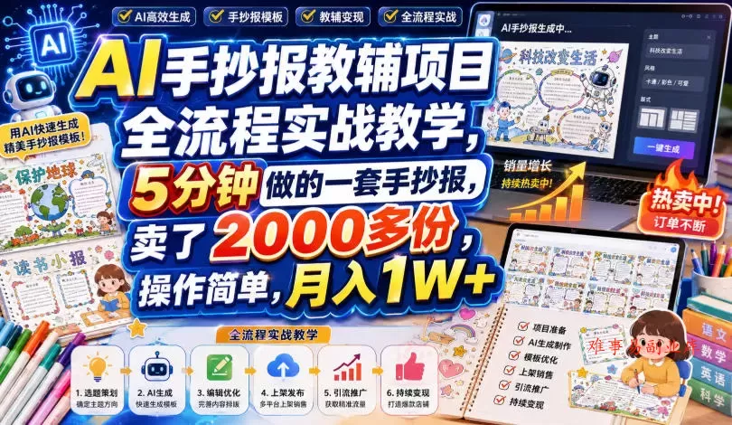 AI手抄报教辅项目全流程实战教学，5分钟做的一套手抄报，卖了2000多份，操作简单，月入1W+-难事易副业库