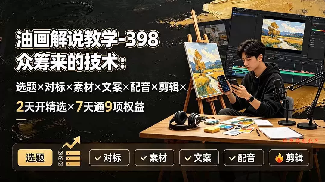 （19587期）油画解说教学-398众筹来的技术-刯新：选题×对标×素材×文案×配音×剪辑×2天开精选×7天通9项权益