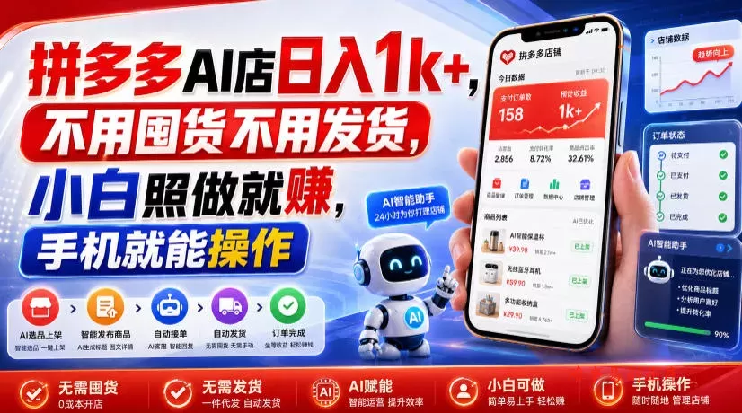 拼多多AI店日入1k+，不用囤货不用发货，小白照做就賺，手机就能操作【揭秘】-难事易副业库