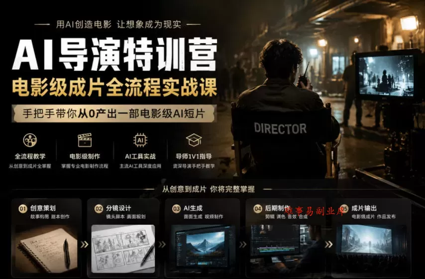 AI导演特训营，电影级成片全流程实战课，手把手带你从0产出一部电影级AI短片-难事易副业库