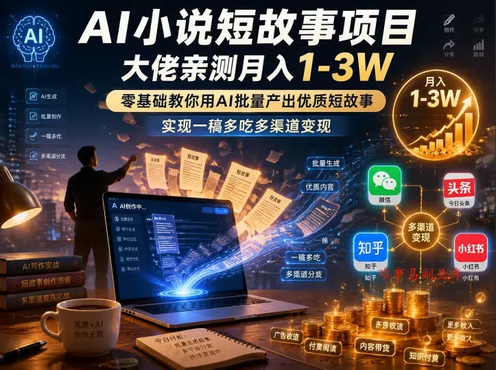 AI小说短故事项目，大佬亲测月入1-3W，零基础教你用AI批量产出优质短故事，实现一稿多吃多渠道变现-难事易副业库