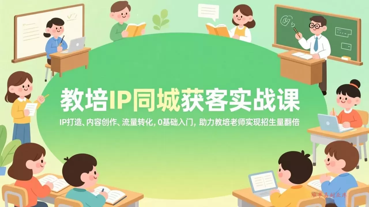 教培IP同城获客实战课，IP打造、内容创作、流量转化，0基础入门，助力教培老师实现招生量翻倍-难事易副业库