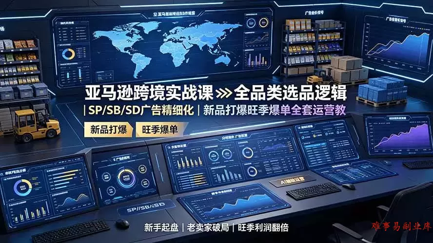 （19352期）亚马逊跨境实战课：全品类选品逻辑｜SP/SB/SD广告精细化｜新品打爆旺季爆单全套运营教程-难事易副业库