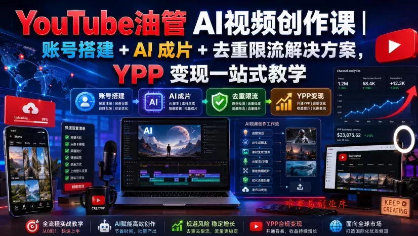 YouTube油管AI视频创作课｜账号搭建+AI成片+去重限流解决方案，YPP变现一站式教学(更新0817)-难事易副业库