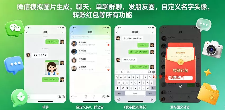 微信模拟图片生成,聊天,单聊群聊,发朋友圈,自定义名字头像,转账红包等所有功能都可以生成 微信模拟图片生成,聊天,单聊群聊,发朋友圈,自定义名字头像,转账红包等所有功能都可以生成