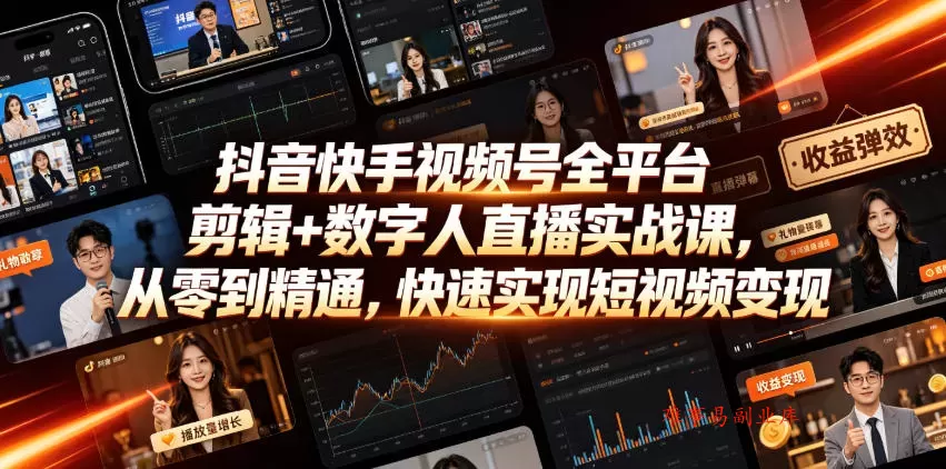 抖音快手视频号全平台剪辑+数字人直播实战课，从零到精通，快速实现短视频变现(更新2026年6月)-难事易副业库