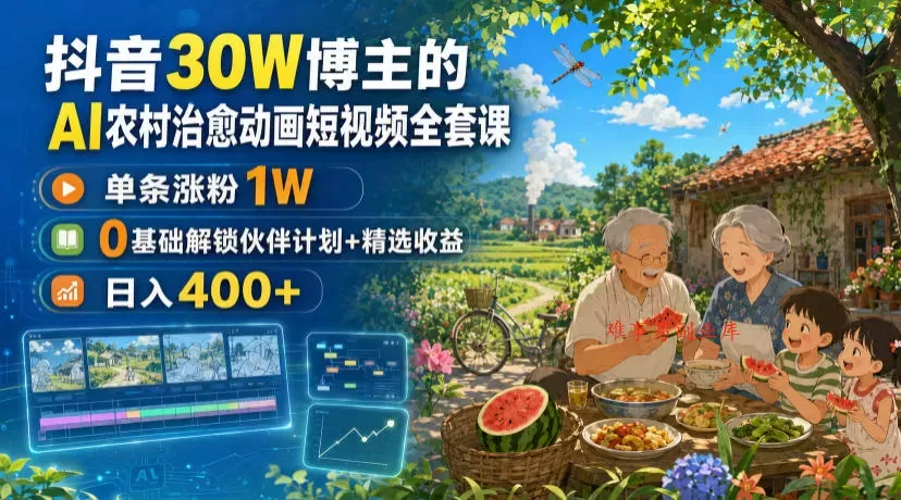 抖音30W博主的AI农村治愈动画短视频全套课｜单条涨粉1W，0基础解锁伙伴计划+精选收益，日入400+-难事易副业库