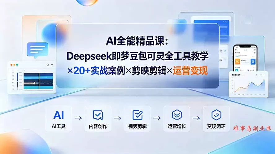 AI全能精品课：Deepseek即梦豆包可灵全工具教学×20+实战案例×剪映剪辑×运营变现-难事易副业库