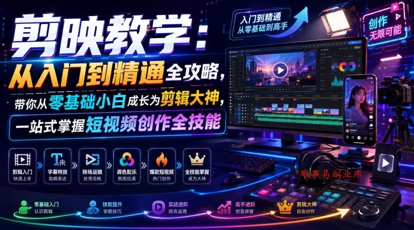 剪映教学：从入门到精通全攻略，带你从零基础小白成长为剪辑大神，一站式掌握短视频创作全技能-难事易副业库