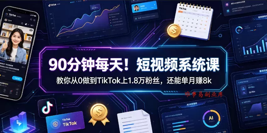 90分钟每天！短视频系统课教你从0做到TikTok上1.8万粉丝，还能单月賺8k【原创双语字幕】-难事易副业库
