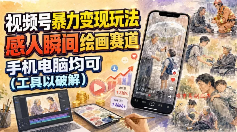视频号暴力变现玩法，感人瞬间绘画赛道，手机电脑均可-难事易副业库