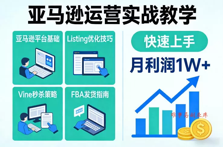 亚马逊运营实战教学，亚马逊平台+Listing优化+Vine秒杀+FBA发货等，快速上手，实现店铺月利润1W-难事易副业库