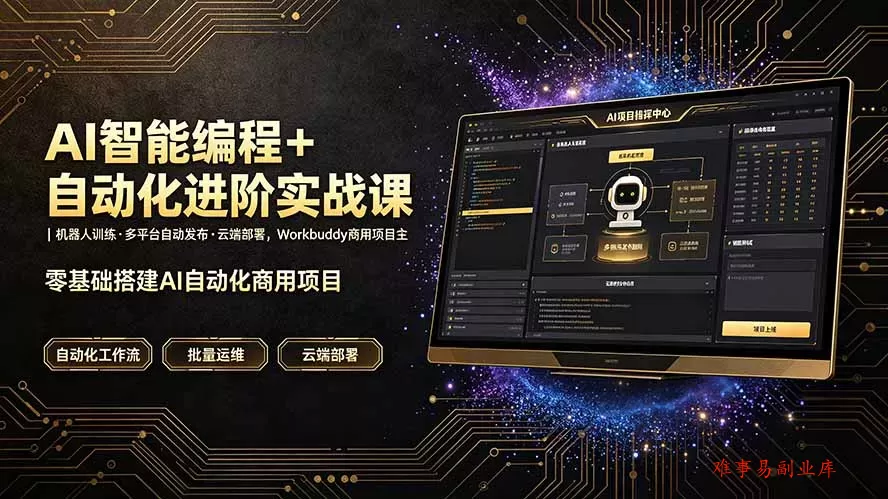 AI智能编程+自动化进阶实战课｜机器人训练·多平台自动发布·云端部署，Workbuddy商用项目全流程教学-难事易副业库