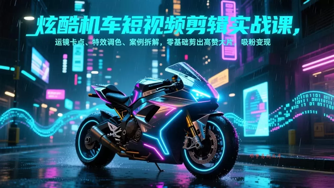 炫酷机车短视频剪辑实战课,运镜卡点、特效调色、案例拆解,零基础剪出高赞大片,吸粉变现-难事易副业库