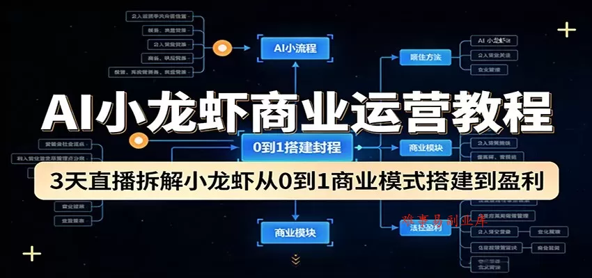AI小龙虾商业运营教程：3天直播拆解小龙虾从0到1商业模式搭建到盈利-难事易副业库