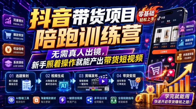 抖音带货项目陪跑训练营，无需真人出镜，新手照着操作就能产出带货短视频（更新0811）-难事易副业库