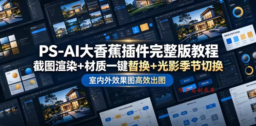 PS-AI大香蕉插件完整版教程，截图渲染+材质一键替换+光影季节切换，室内外效果图高效出图高阶课程-难事易副业库