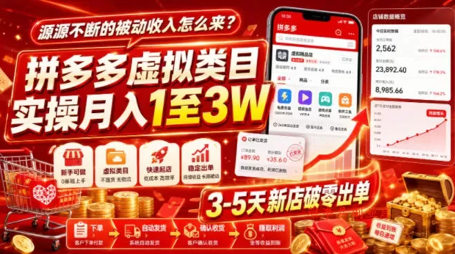 源源不断的被动收入怎么来?拼多多虚拟类目实操月入1至3W,3-5天新店破零出单 源源不断的被动收入怎么来?拼多多虚拟类目实操月入1至3W,3-5天新店破零出单