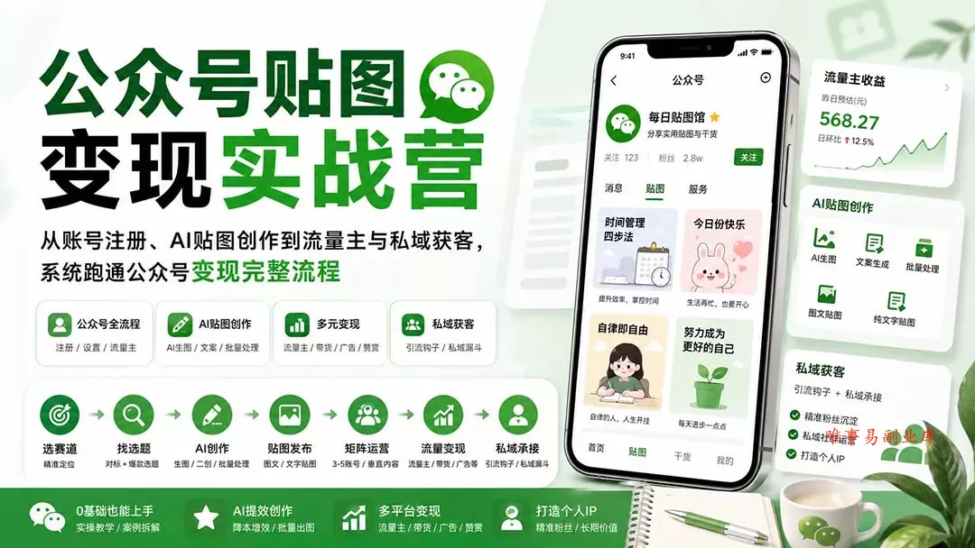公众号贴图变现实战营：从账号注册、AI贴图创作到流量主与私域获客，系统跑通公众号变现完整流程-难事易副业库