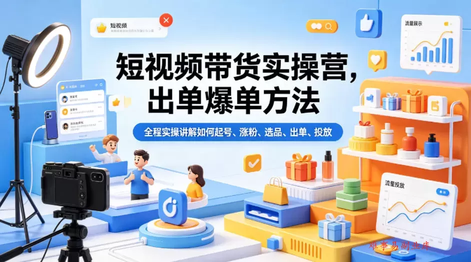 短视频带货实操营，出单爆单方法，全程实操讲解如何起号、涨粉、选品、出单、投放（更新0515）-难事易副业库