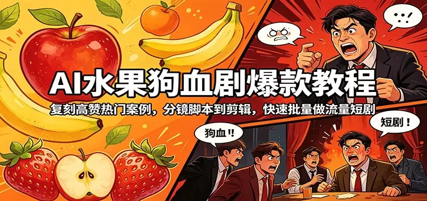 AI水果狗血剧爆款教程：复刻高赞热门案例，分镜脚本到剪辑，快速批量做流量短剧-难事易副业库