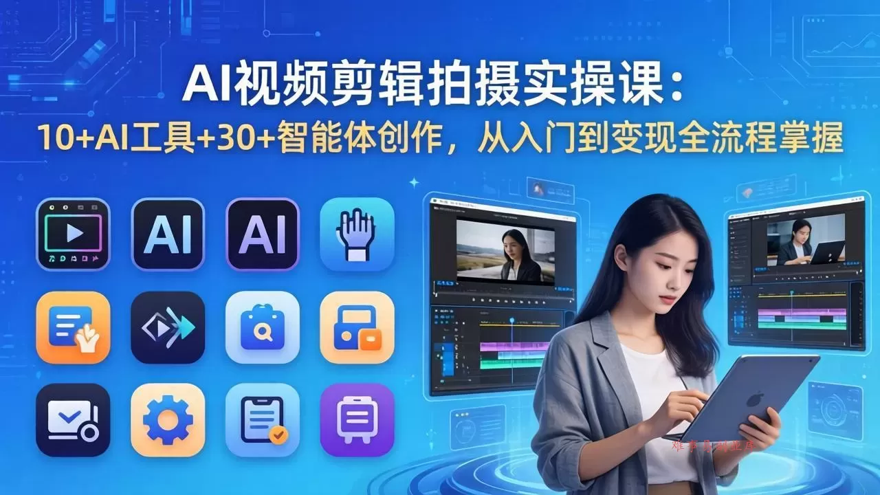 AI 视频剪辑拍摄实操课：10+AI工具+30+智能体创作，从入门到变现全流程掌握-难事易副业库