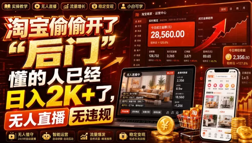 淘宝偷偷开了“后门”，懂的人已经日入2K+了，无人直播无违规，一台电脑=一家24小时营业的线上门店【揭秘】-难事易副业库