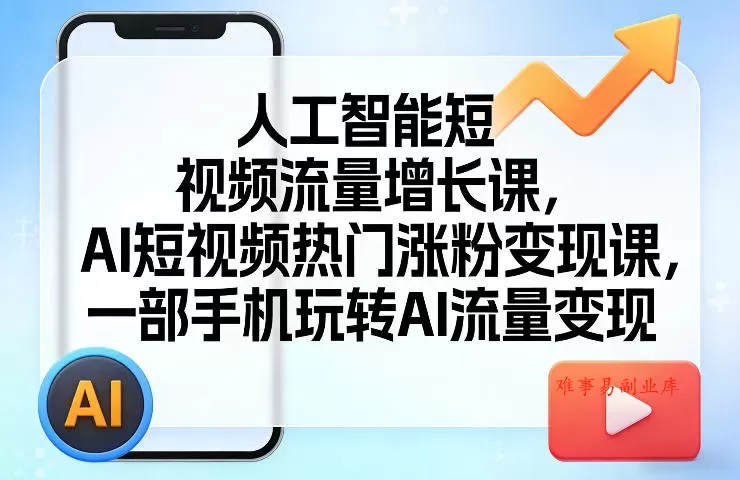 人工智能短视频流量增长课，AI短视频热门涨粉变现课，一部手机玩转AI流量变现-难事易副业库